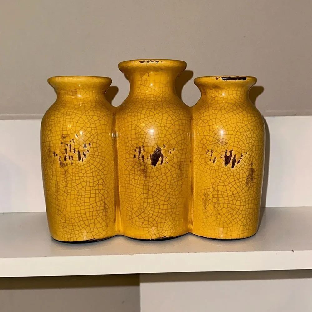 Vintage Triple Vase Decor Crackled Gold Brown Distressed